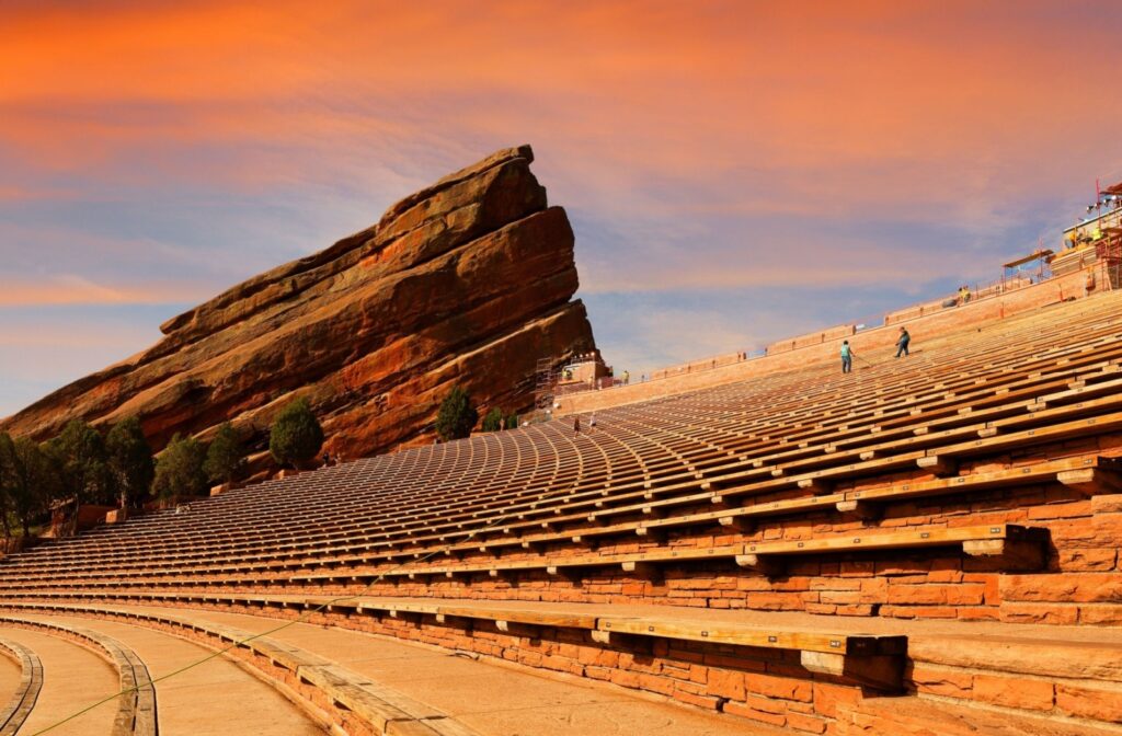 The seating at the Red Rocks Amphitheater during sunset.
